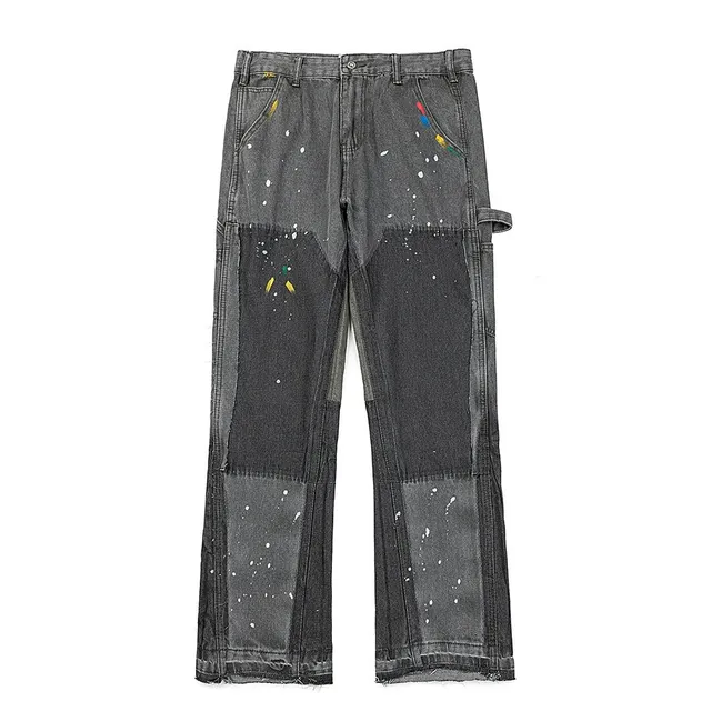 Paint-Splatter Patchwork Jeans Distressed Grey with Colorful Splatters