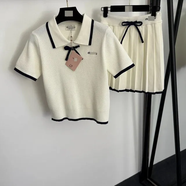 Miu Miu Polo Top and Pleated Skirt Set Cream with Black Trim