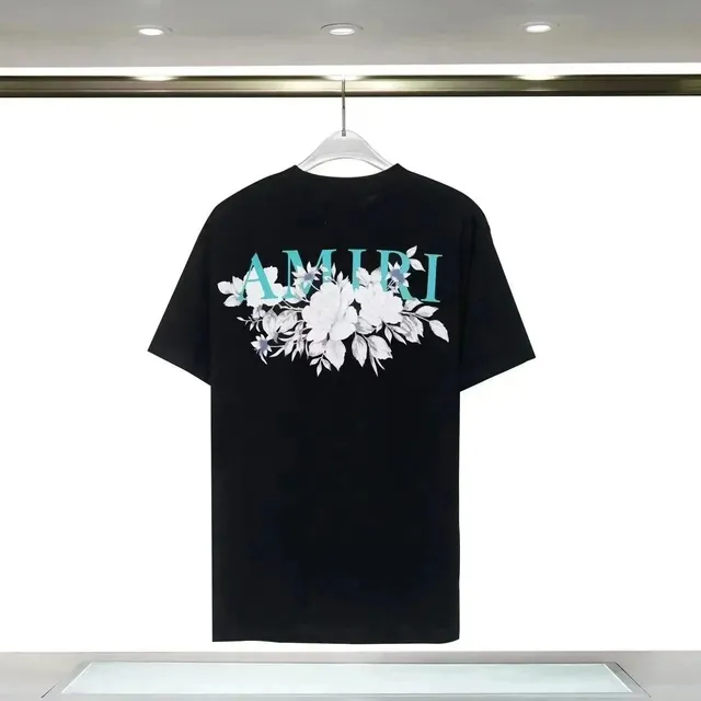 Amiri Floral Logo Tee Black with Teal and White Floral Print