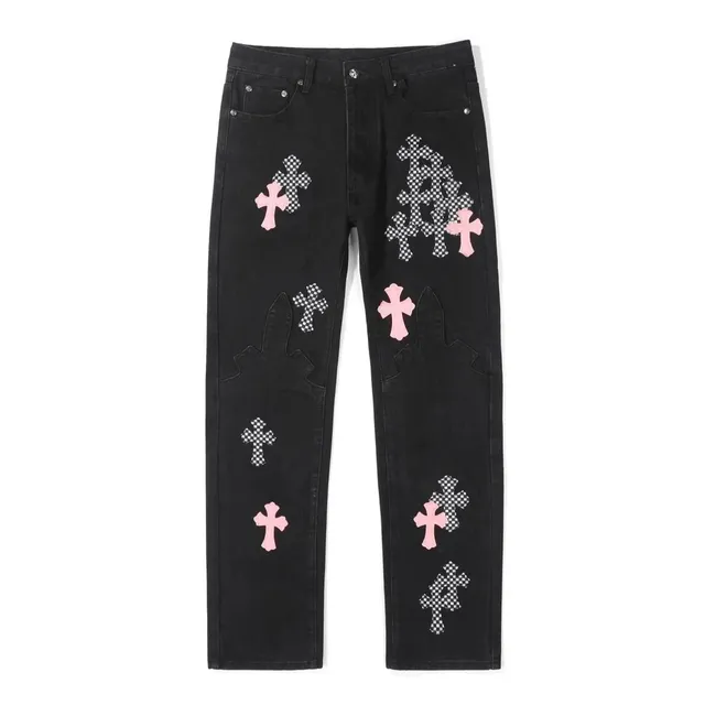 Chrome Hearts Cross Patch Jeans Black with Pink and Checkerboard Crosses