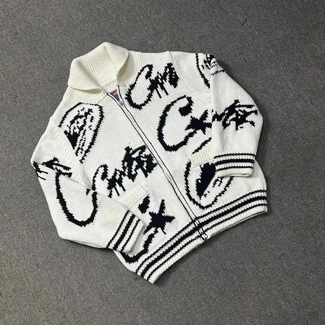 Off-White Zip-Up Knit Sweater Abstract Logo Intarsia