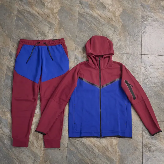 Nike Tech Fleece Hoodie and Joggers Burgundy and Royal Blue Colorblock