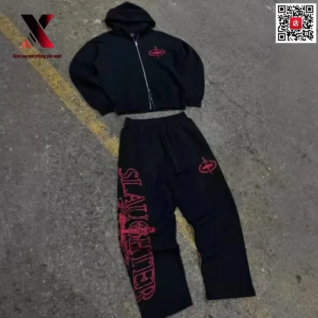 Hoodie and Joggers Set Black with Red Logo Print