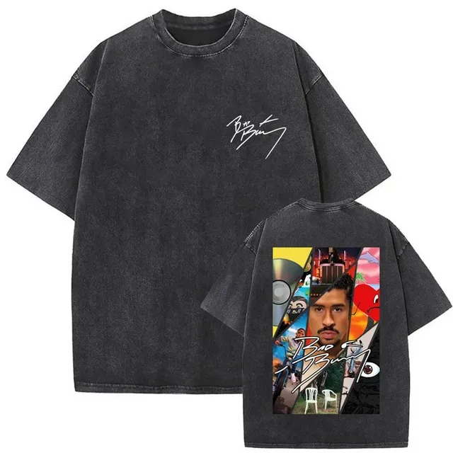 Bad Bunny Graphic T-Shirt Washed Black with Collage Print