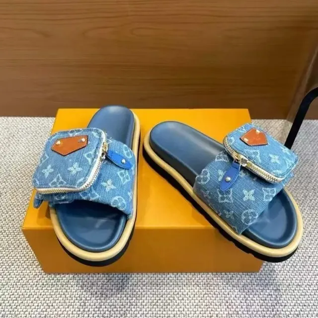 Louis Vuitton Denim Slide Sandal Monogram Denim with Leather Trim
