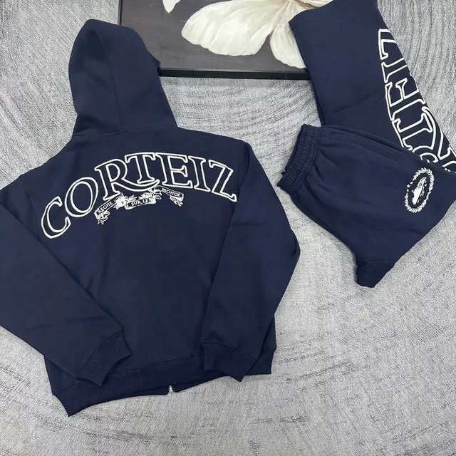 Corteiz Hoodie and Joggers Set Navy with White Logo