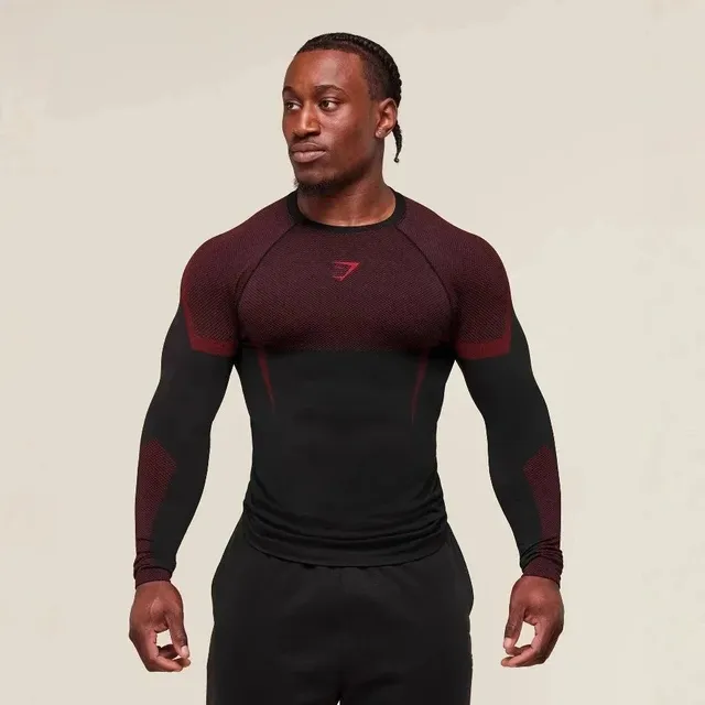 Gymshark Compression Long Sleeve Top Black Red Mesh Panel