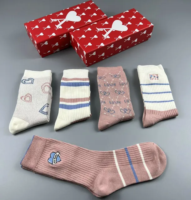 Cotton Crew Socks Heart Print & Striped