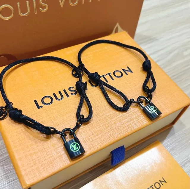 Louis Vuitton Lock Bracelet Black Cord with Green LV Padlock