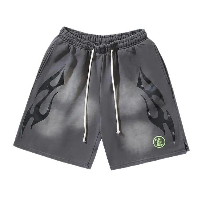 Broken Planet Flame Print Shorts Ombre Grey with Black Flame Graphic