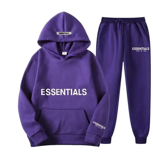 Fear of God Essentials Hoodie and Joggers Set Purple Logo Print