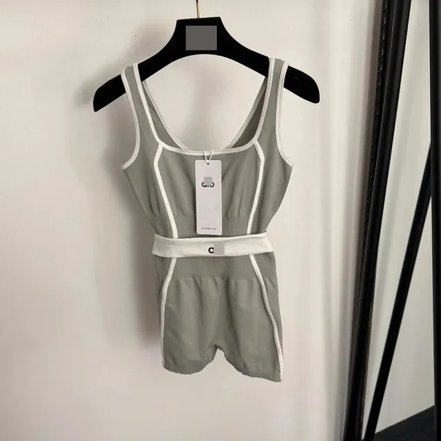 Alo Yoga Ribbed Tank and Shorts Set Sage with White Trim