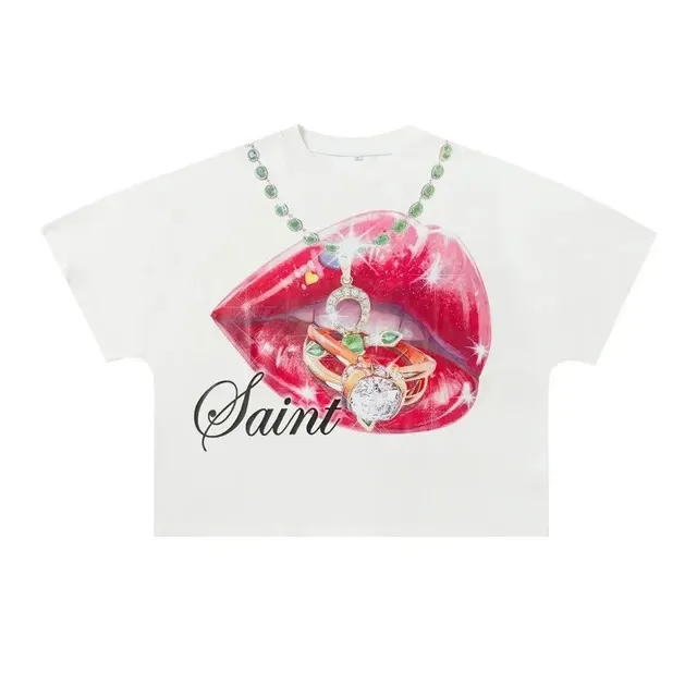 Saint Laurent Graphic Tee Lips and Jewelry Print