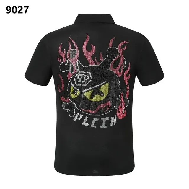 Philippe Model Polo Shirt Flame Skull Crystal Embroidery