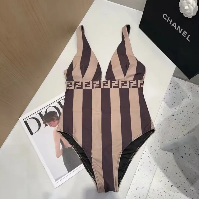 Fendi Striped One-Piece Swimsuit FF Logo Band
