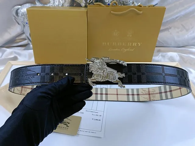Burberry Equestrian Knight Belt Checkered Leather with Metal Buckle