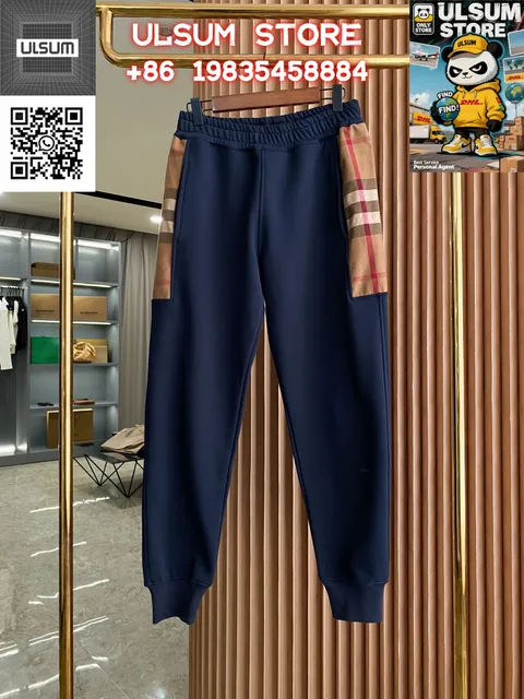 Burberry Check-Panel Joggers Navy with Iconic Check