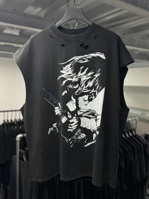 Sleeveless Graphic Tee Kurt Cobain Print with Distressed Details