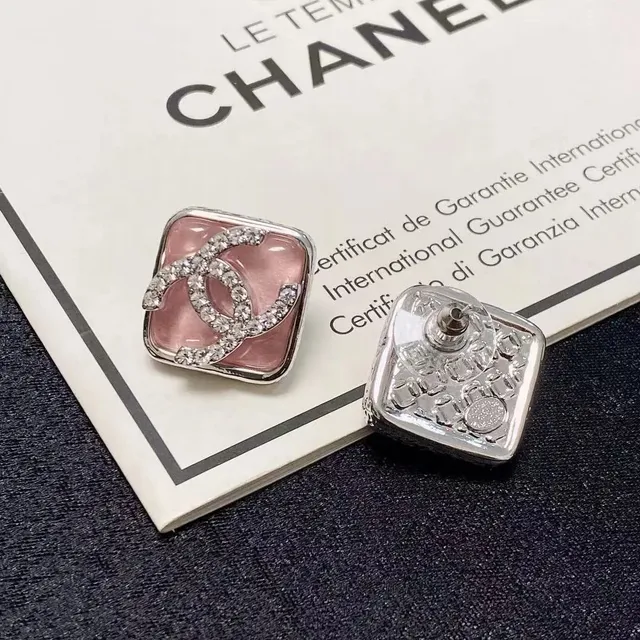Chanel CC Logo Stud Earring Pink Resin with Crystal CC