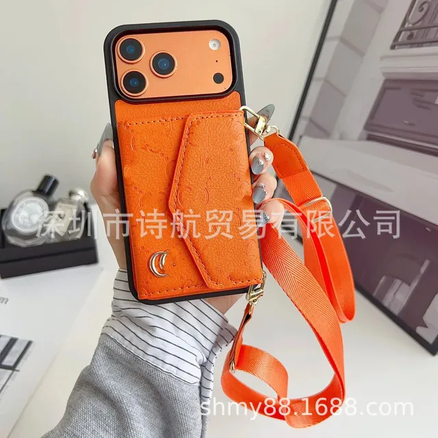 Gucci Phone Wallet Strap Case Embossed Orange with Gold Hardware