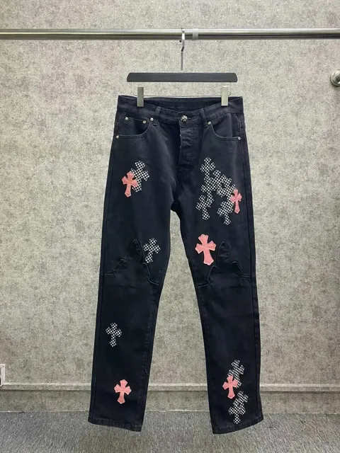 Chrome Hearts Cross Patch Jeans Black with Pink and Checkered Crosses