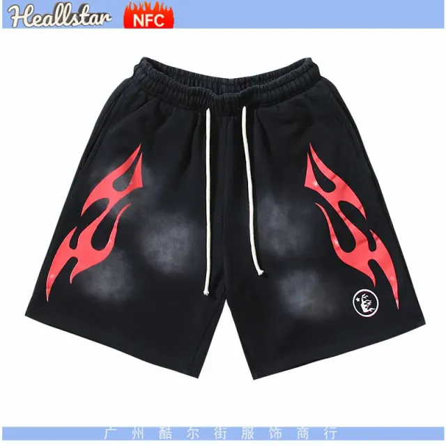 Hellstar Flame Print Shorts Black with Red Flames