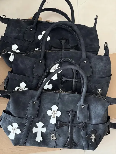 Chrome Hearts Cross-Embellished Tote Distressed Black with Silver Crosses