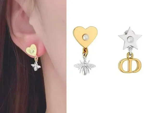 Dior Bee Earrings Heart and Star Charm with Pearl