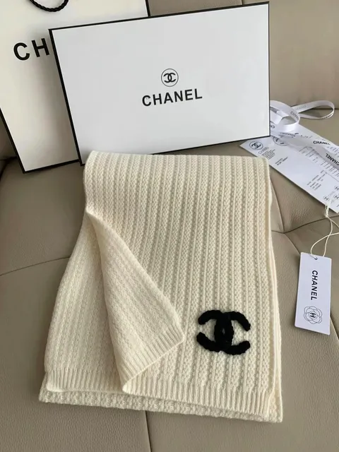 Chanel Ribbed Knit Scarf CC Logo Embroidered