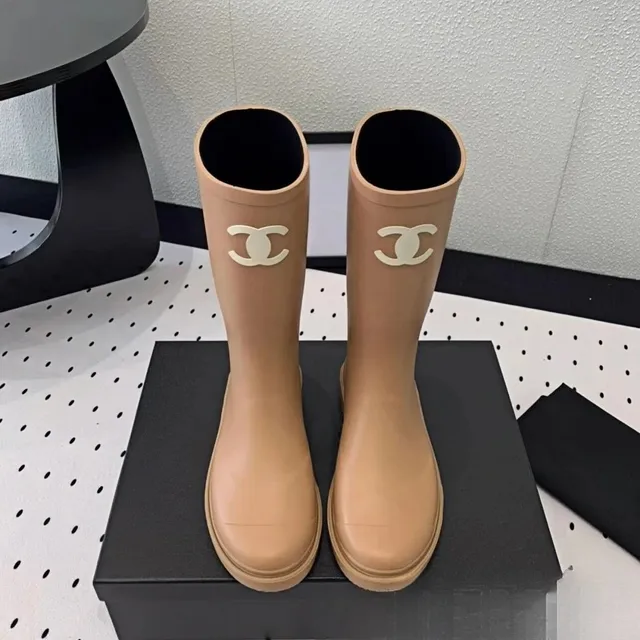 Chanel Rubber Rain Boots Beige with CC Logo
