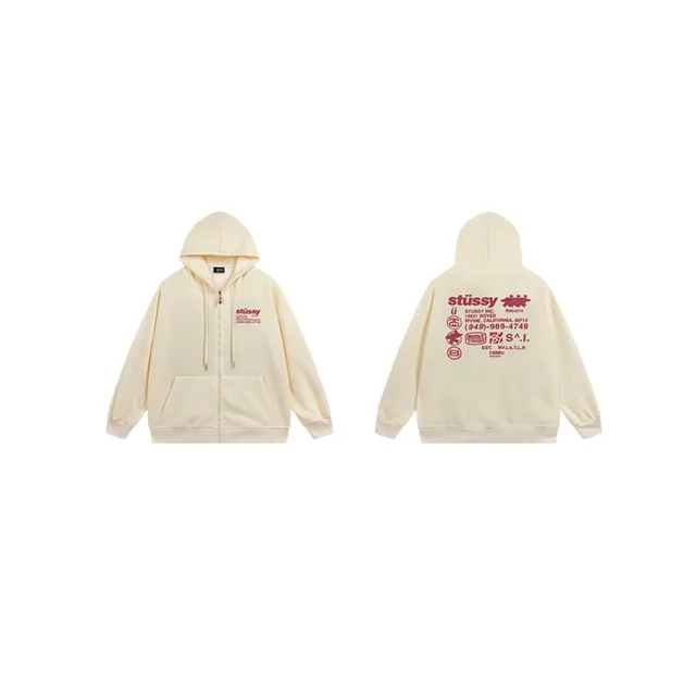 Stüssy Zip-Up Hoodie Cream with Red Print