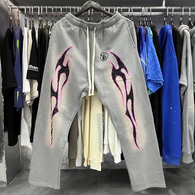 Broken Planet Flame Graphic Sweatpants Grey with Pink and Black Flame Print