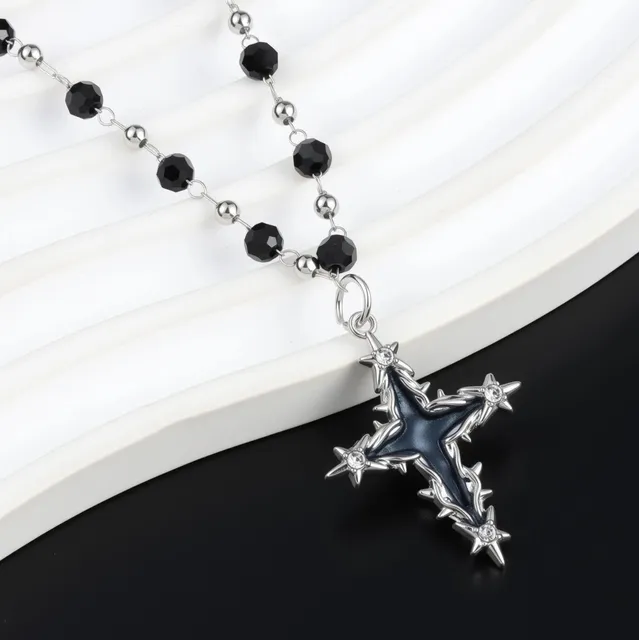 Chrome Hearts Spiked Cross Necklace Black Enamel with Crystal Accents