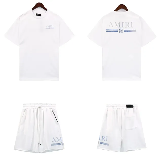Amiri Logo Tee and Shorts Set White with Blue Logo