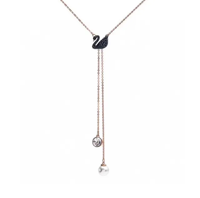 Swarovski Swan Lariat Necklace Black Crystal Swan with Pearl Drop