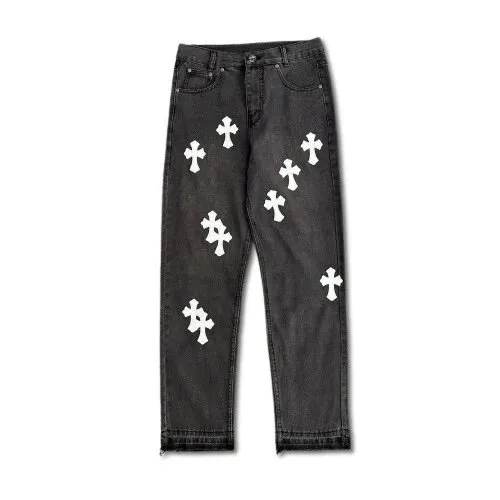 Chrome Hearts Cross-Embroidered Jeans Black with White Crosses