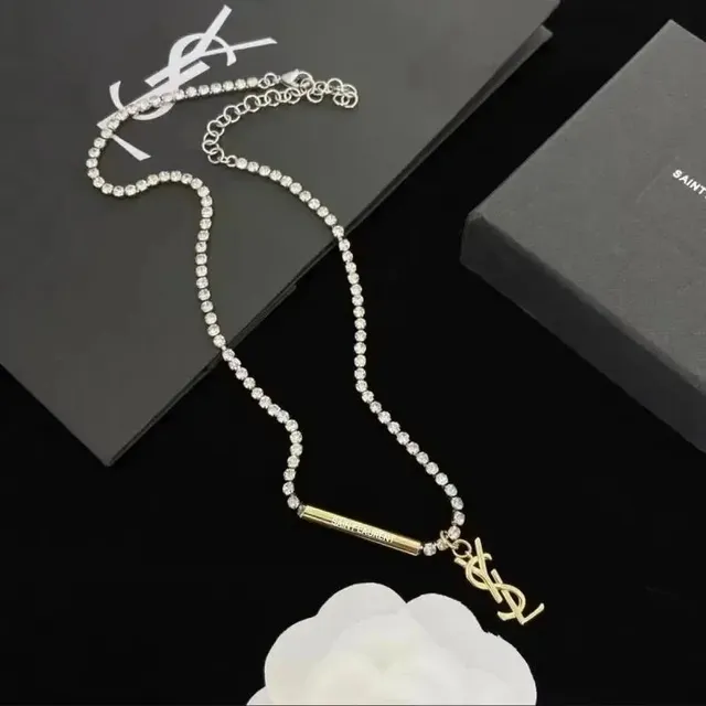 Saint Laurent Crystal Chain Necklace YSL Logo Pendant