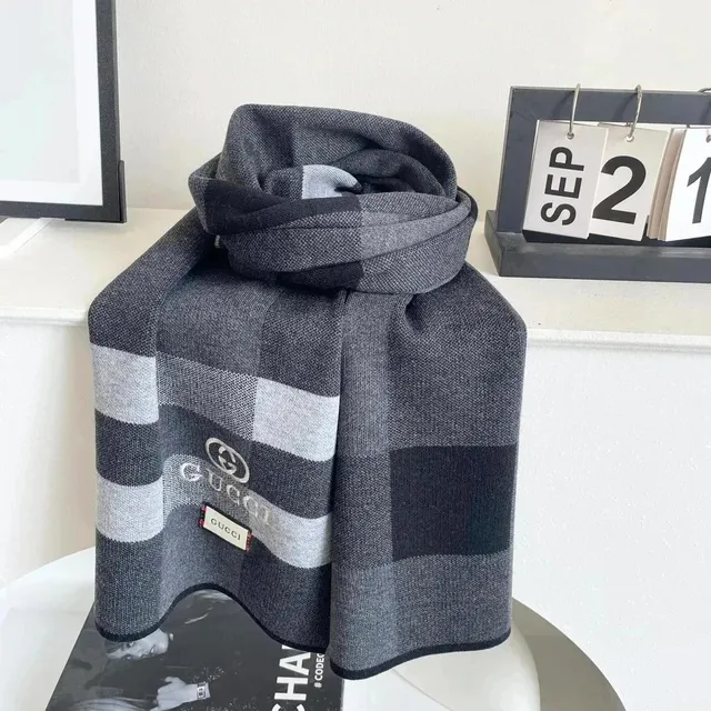 Gucci Checkered Wool Scarf GG Logo Patch