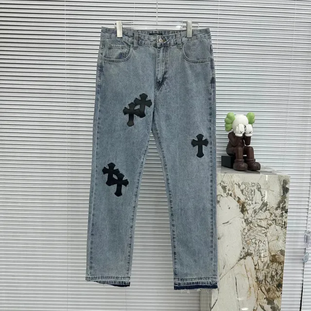 Chrome Hearts Cross Patch Jeans Light Wash with Black Cross Patches