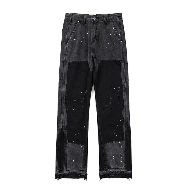 Paint-Splatter Denim Trousers Distressed Patchwork