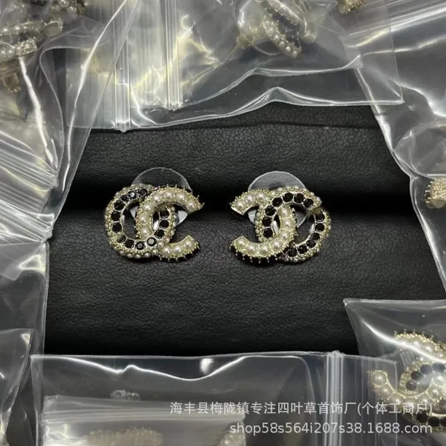 Chanel CC Logo Stud Earrings Pearl and Crystal