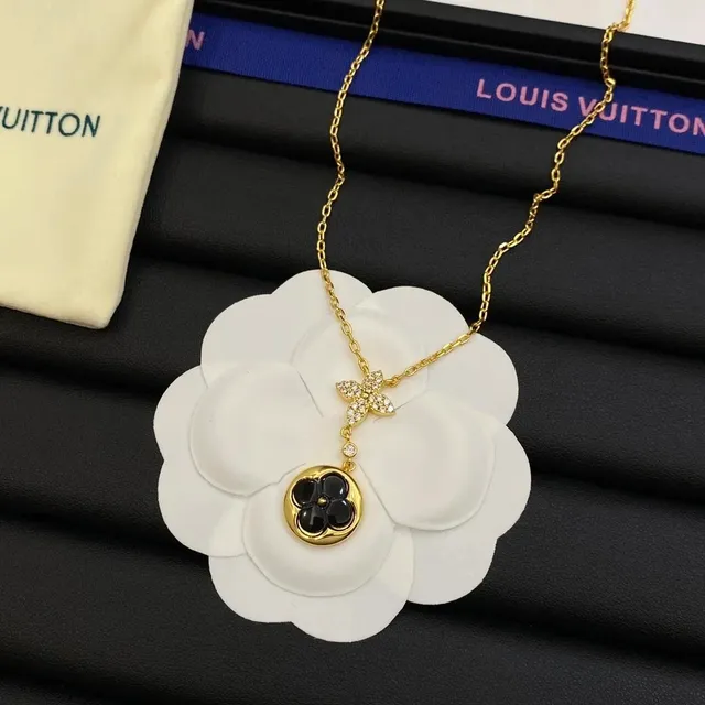 Louis Vuitton Flower Pendant Necklace Gold-tone with Black Onyx and Diamonds