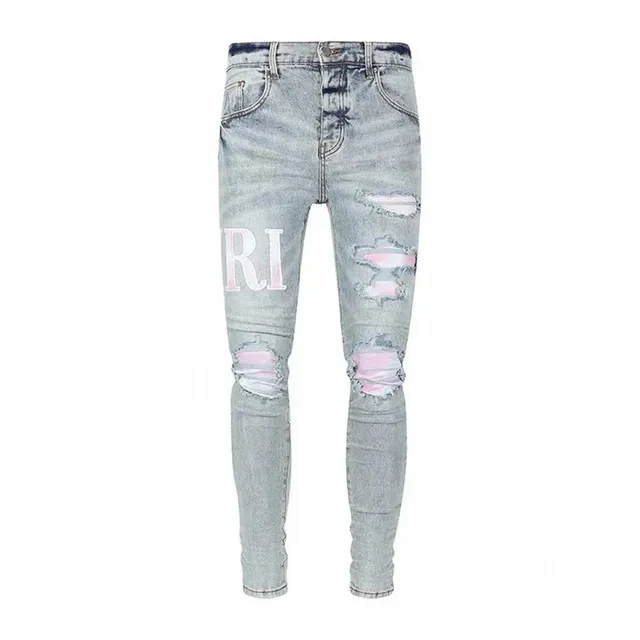 Distressed Skinny Jeans RI Logo Pink Patch