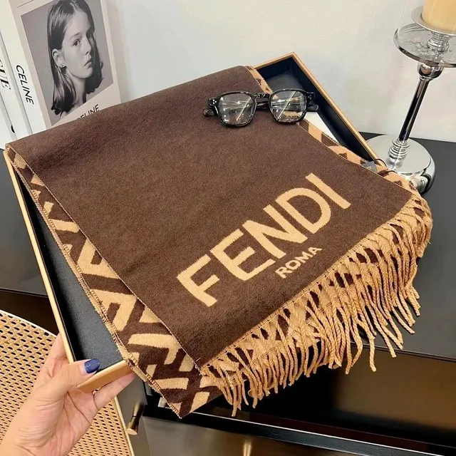 Fendi Logo Scarf Brown Beige FF Pattern