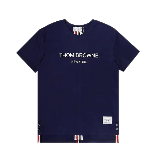 Thom Browne Logo T-Shirt Navy with White Logo and Stripe Trim