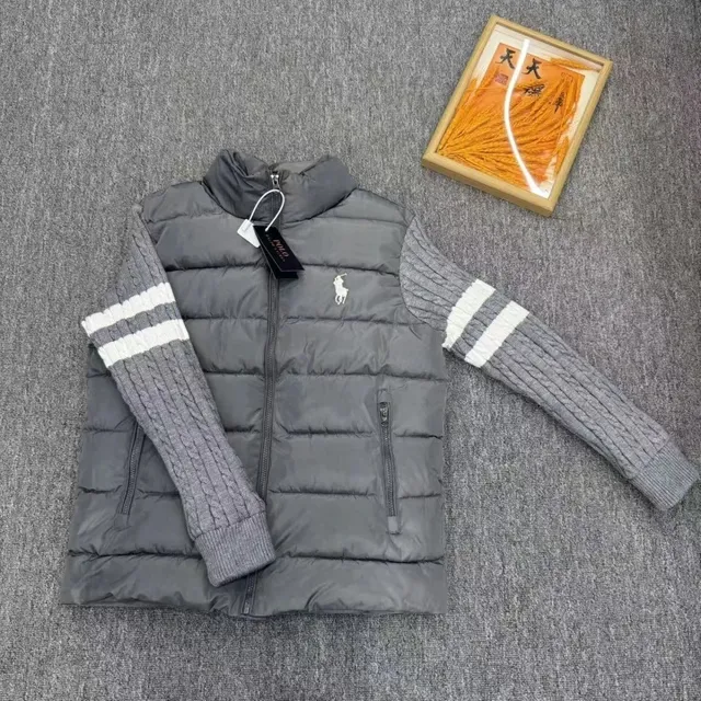 Polo Ralph Lauren Puffer Vest with Knit Sleeves Grey with White Stripes