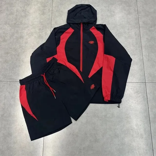 Hellstar Hooded Windbreaker and Shorts Set Black with Red Panels