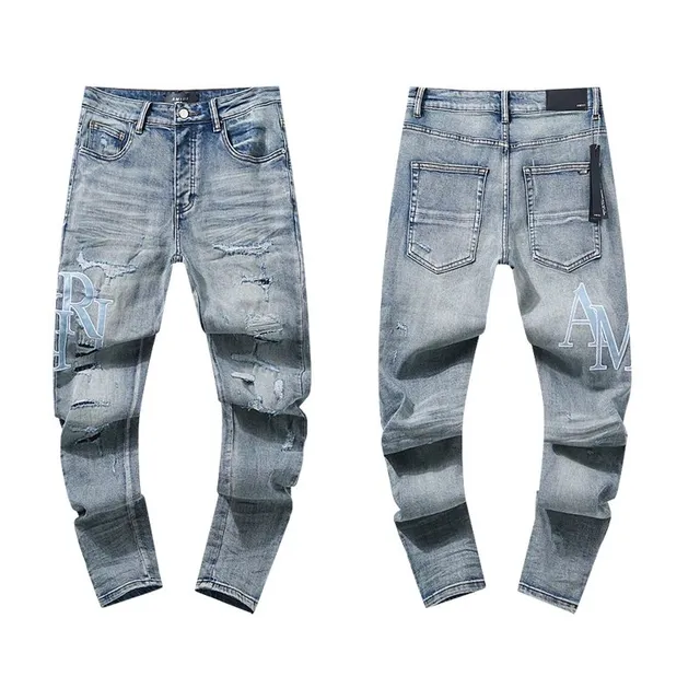 Amiri Distressed Logo Jeans Light Wash with Embroidered Logo