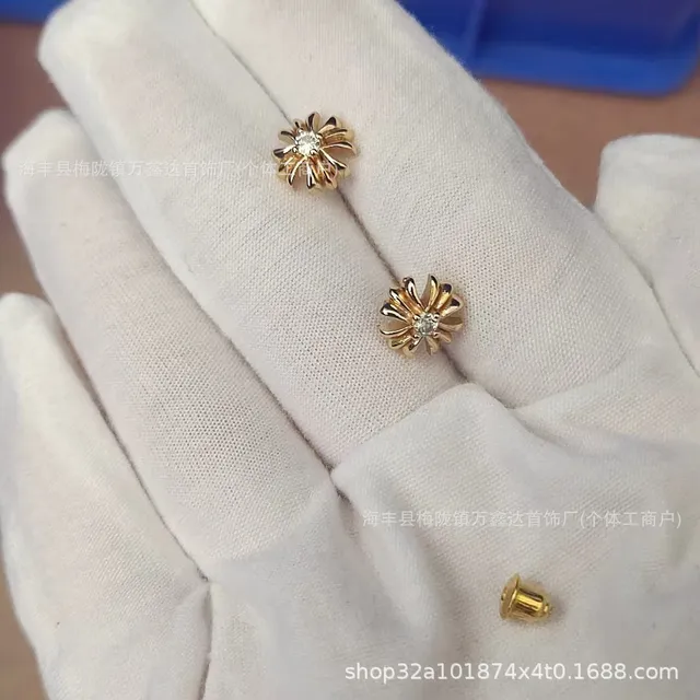 Chrome Hearts Daisy Stud Earrings Gold with Crystal Center