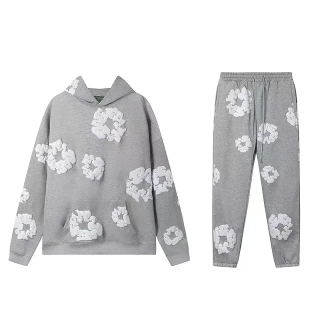 Denim Tears Scrunched Flower Hoodie and Joggers Set Grey with White 3D Floral Appliqué